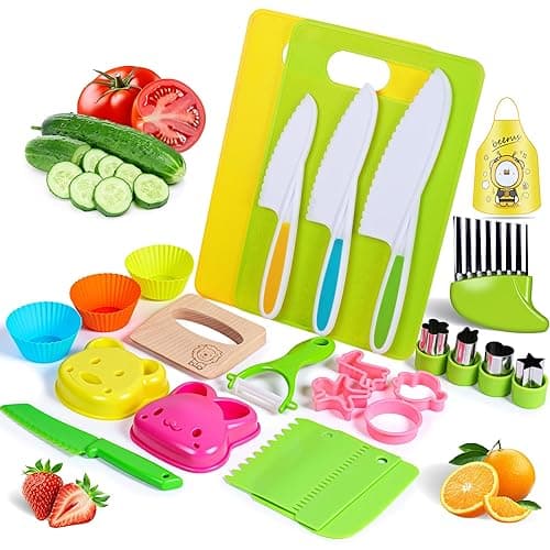 Herbbree 26Pieces Kids Kitchen Knife Set, Toddler Safe Knife Set for Real Cooking, Montessori Kitchen Tools with Kids Cutting Board Crinkle Cutter Peeler, Mini Chef for 3-10 Year Old Toddler Birthday Gift - Kitchen Knives