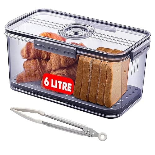 MIAXONIX Bread Bin Airtight Bread Box for Kitchen Counter, Time Recording with Lid and Tong, Bread Storage Container for Homemade Bread, Toast, Bagel, Donut and Cookies