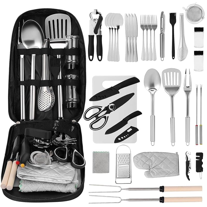 QCXWCJWD Camping Cooking Utensils Set, Kitchen Utensils Organizer Travel Set, 36Pcs Camping Accessories Set for Outdoor Hiking Picnic Trekking BBQ with Cutlery, Seasoning Bottle, Storage Bag,Bottle Opener - Kitchen Tools Gadgets