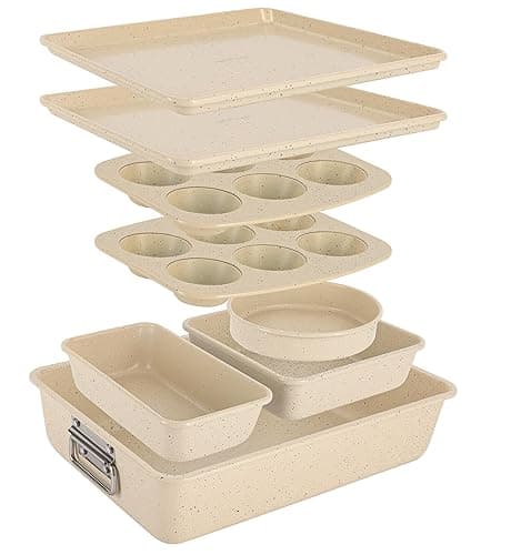 NutriChef Baking Tray Set, 8-Piece Non-Stick Oven Bakeware, Stackable Trays with Cookie, Loaf, Pizza, Muffin, Cake, Round, Square Pans, Durable Kitchen Set (Marble Cream) - Bakeware