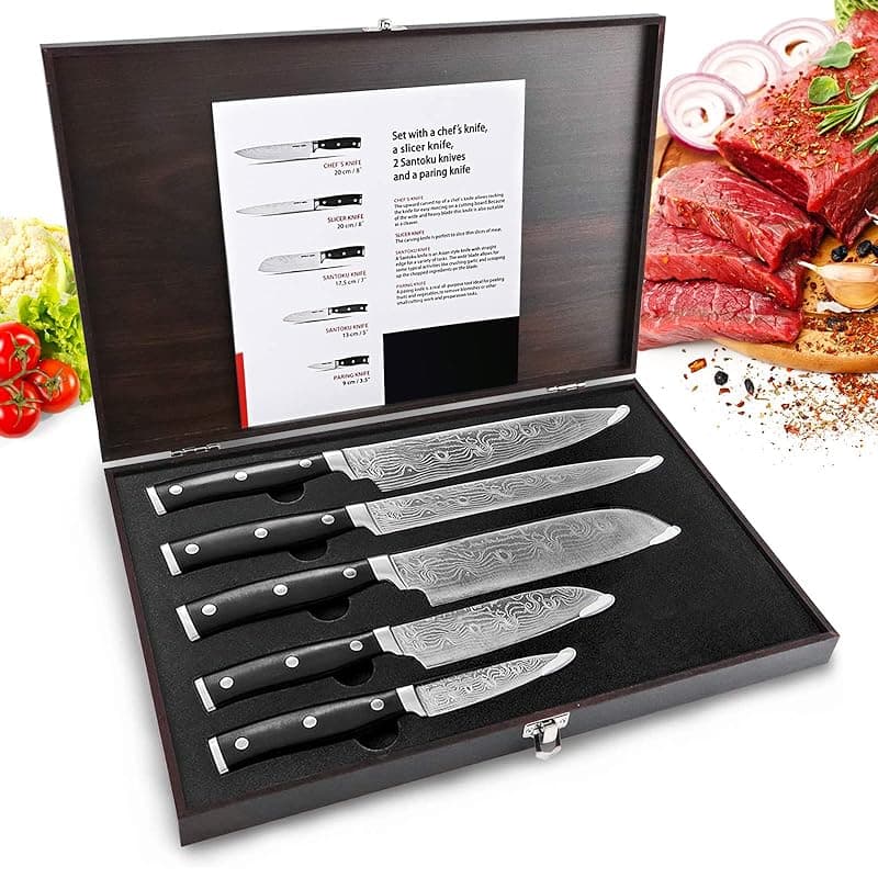 HUIKAILI Sharp Knife Set, 5 Pieces Professional Chef Knives Sets, Damascus Kitchen Knives with Gift Box, High Carbon Stainless Steel Ultra Sharp Blades, Ergonomic Handle, Home Cooking Gift for Men Women - Kitchen Knives