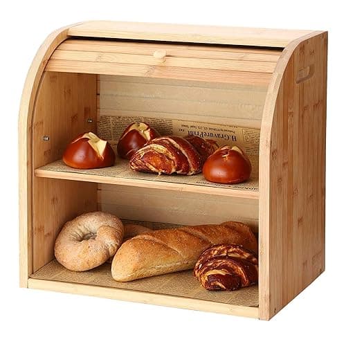 SG Traders Double Decker Bamboo Bread Bin 2-Layer Bread Box Eco-friendly Kitchen Storage Box with Lid for Freshness Natural, Organic, and Sustainable Food Storage Solution (Classic - Natural Wood) - Kitchen Storage