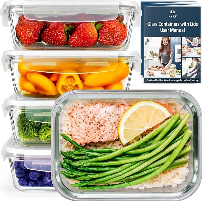 GOOD FOR YOU Glass Containers with Lids, 5 Pack 850ml/28oz, Airtight Food Storage & Meal Prep Containers, Fridge Organiser Lunch Boxes - Food Storage