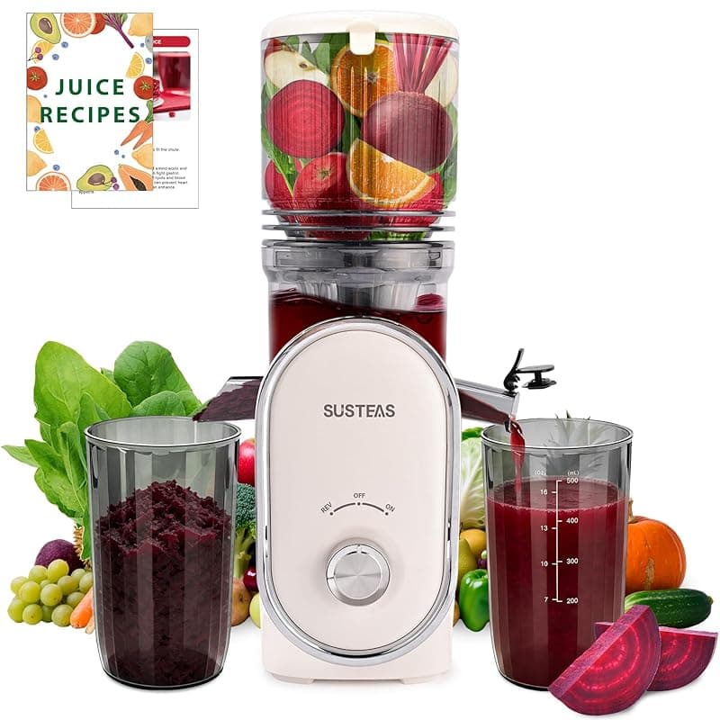 SUSTEAS Cold Press Juicer Machines, 133MM Large Feed Chute(1.5L Capacity) for Whole Fruits & Vegetables, Slow Masticating Automatic with 300W, High Juice Yield Extractor, Easy to Clean, White - Juicers