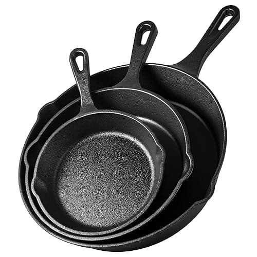 VonShef Cast Iron Skillet Pan Set, 3pc Pre-Seasoned Non-Stick Heavy Duty Frying Pan Set, Oven Safe Grill Pans Suitable for All Hob Types, 6", 8", 10" - Cookware