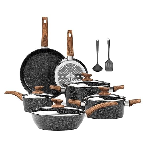 Kitchen Academy Induction Hob Pots and Pans Set - 12 Piece Cooking Pans Set, Black Granite Kitchen Cookware Set,Nonstick Saucepan Set PFOS & PFOA Free