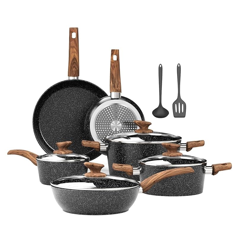 Kitchen Academy Induction Hob Pots and Pans Set - 12 Piece Cooking Pans Set, Black Granite Kitchen Cookware Set,Nonstick Saucepan Set PFOS & PFOA Free - Cookware