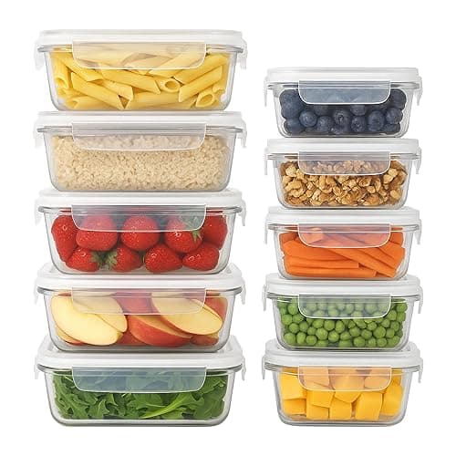 Harbour Housewares Glass Containers with Airtight Lids - 10 Pack - 2 Sizes (1040ml | 370ml) Lunch Box Tubs BPA-Free Meal Prep Containers Reusable Leak Proof Food Storage Tubs, Oven Safe, Freezer Safe