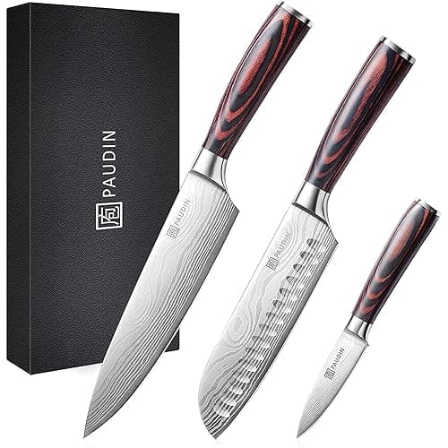 PAUDIN Chef Knife Set 3Pcs, Professional Kitchen Knife Set with High Carbon Stainless Steel, Sharp Chef Knives with 8 inche Chef Knife, 7 inch Santoku Knifes and 3.5 inch Fruit Knife - Kitchen Knives