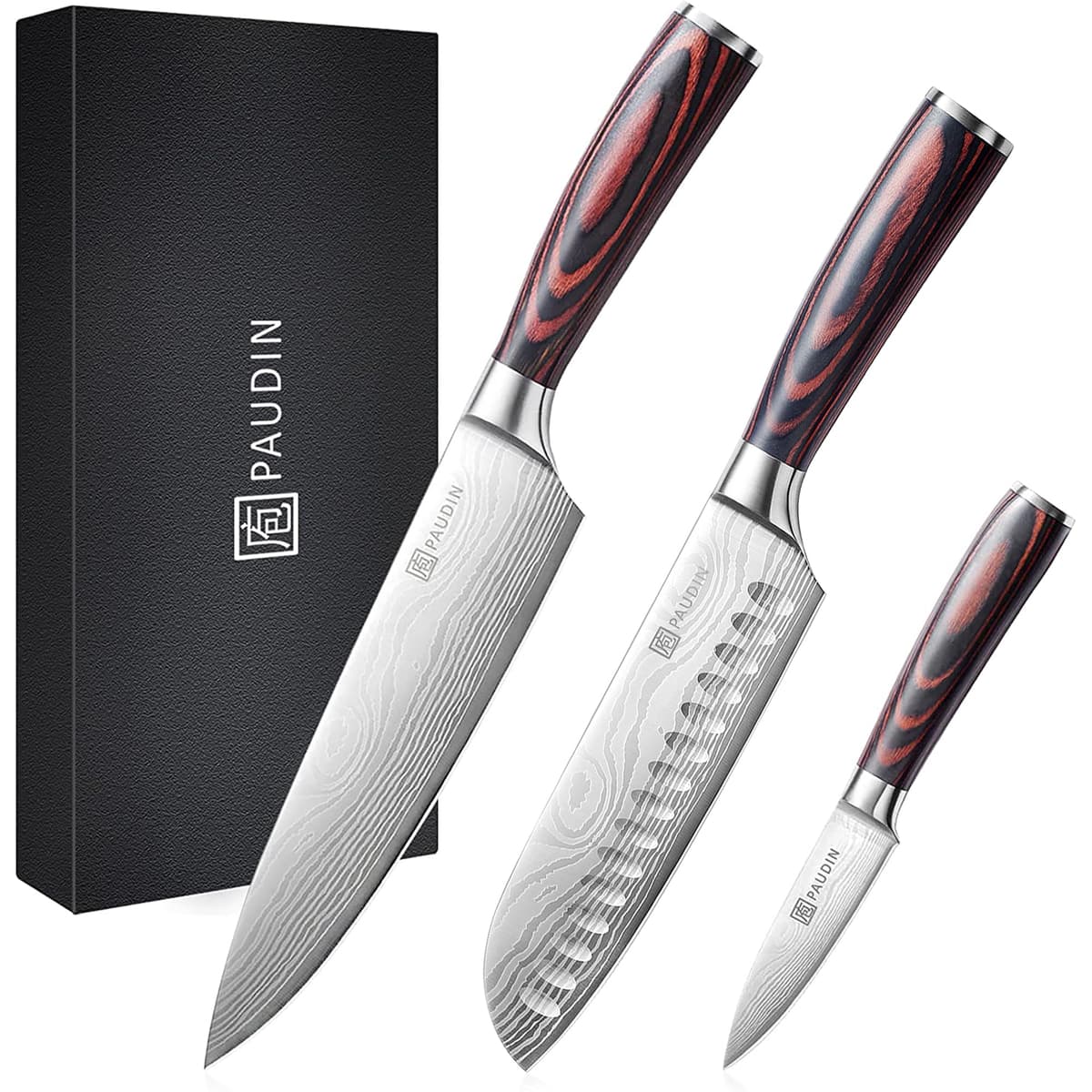PAUDIN Chef Knife Set, High Carbon Steel with 8"Chef, 7"Santoku, 3.5"Fruit - Kitchen Knives