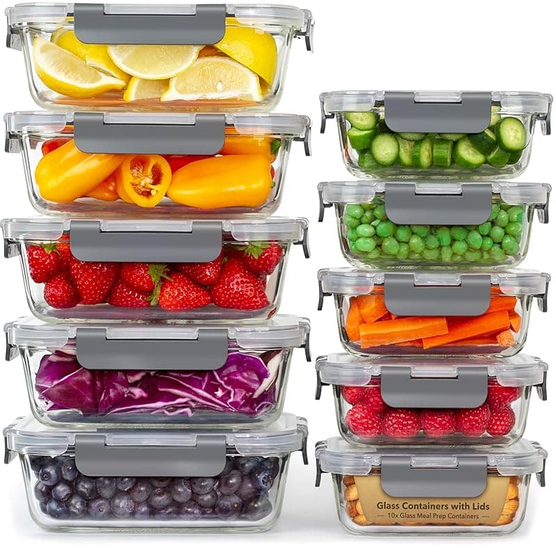 GOOD FOR YOU Glass Container Food Storage - [10 Pack] Meal Prep Containers with Lids - Leak Proof food storage containers (10 Lids & 10 Lunch Containers) BPA Free glass food storage containers - Food Storage