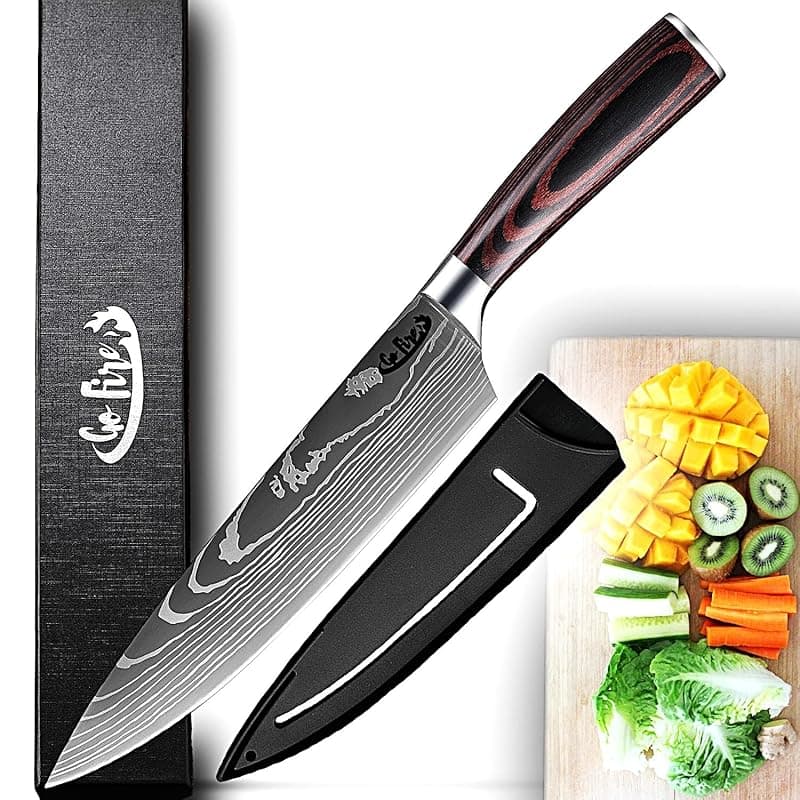 GoFire 8 Inch Premium Chef Knife Ultra Sharp High Carbon Stainless Steel Kitchen Knife Slicing Dicing Carving Knife Ergonomic Pakkawood Handle Multipurpose for Home and Culinary Use with Gift Box - Kitchen Knives