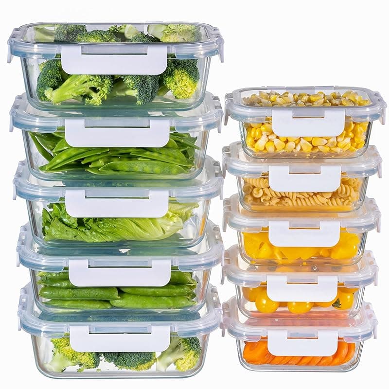 MFY Glass Containers with Lids, Reusable Meal Prep Containers, Airtight Glass Food Storage Containers with Lids, BPA-free, Microwave, Oven, Freezer and Dishwasher Safe, 10 Pcs 1040 & 400ml - White - Microwaves