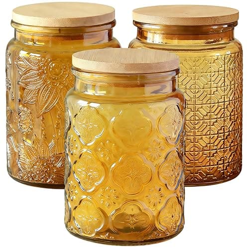 Tel Charme * 3-Pack 700ml Glass Jars with Bamboo Lids, Airtight Vintage Glass Storage Canisters for Kitchen Pantry Coffee Sugar Tea Flour Snacks (Yellow) - Kitchen Storage
