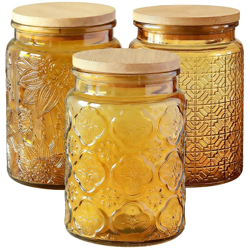 Tel Charme * 3-Pack 700ml Glass Jars with Bamboo Lids, Airtight Vintage Glass Storage Canisters for Kitchen Pantry Coffee Sugar Tea Flour Snacks (Yellow) - Kitchen Storage