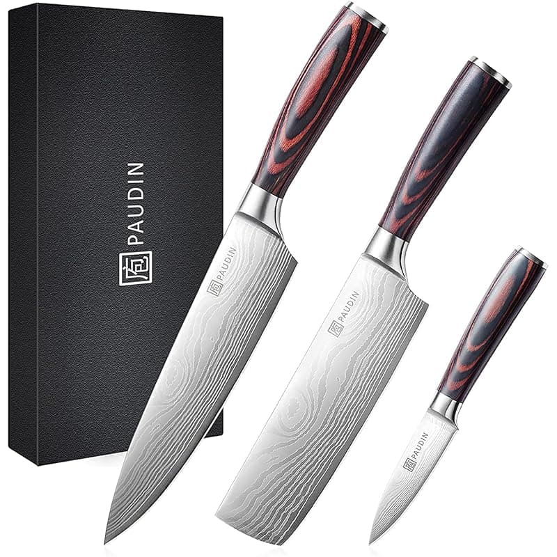 PAUDIN Kitchen Knife Set, 3 Pcs Japanese Knife Set, Professional Kitchen Knives with High Carbon Stainless Steel, with Ultra Sharp Blade & Wooden Handle,Chef Knive Set - Kitchen Knives