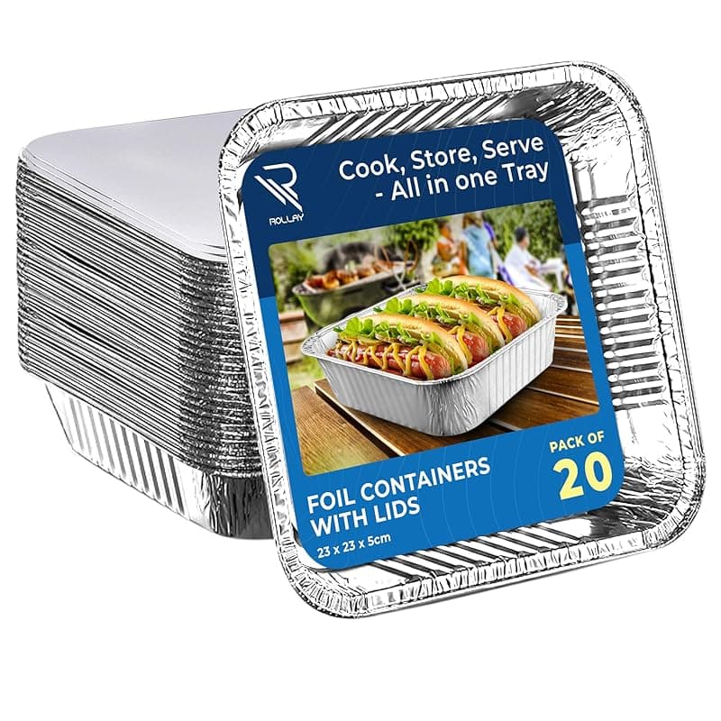 Rollay 20-Pack Aluminium Foil Trays with Paper Lids, 9x9 Inch Foil Food Containers with Lids – Oven & Freezer Safe Takeaway, Baking, and Storage Square Trays - Food Storage