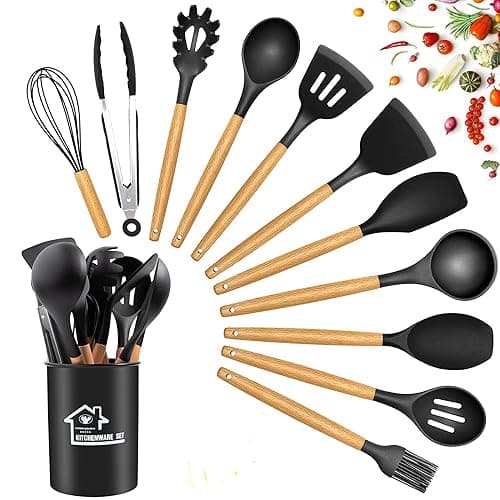 ZDXY Kitchen Utensils Set, 12 PCS Silicone Cooking Utensils Set Gadgets for Cooking, Non Stick Wooden Handle Silicone Kitchen Cooking Utensils Sets Cookware - Kitchen Tools Gadgets