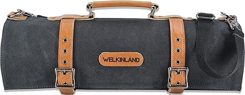 WELKINLAND 14-PocketKnife Roll - Canvas Leather Chef Knife Bags with Holders - Kitchen Knives