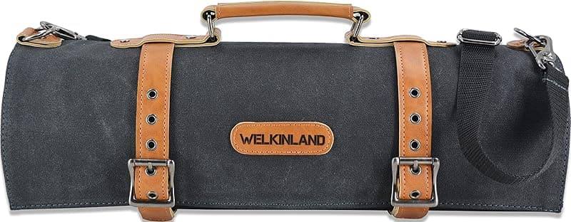 WELKINLAND 14-PocketKnife Roll - Canvas Leather Chef Knife Bags with Holders - Kitchen Knives