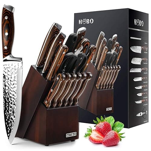 HOBO 15-Piece Japanese Chef Knife Set with Sharpener, Block Wooden, HOBO Japan High Carbon Stainless Steel Boxed Kitchen Knife, Color Wooden Handle - Kitchen Knives