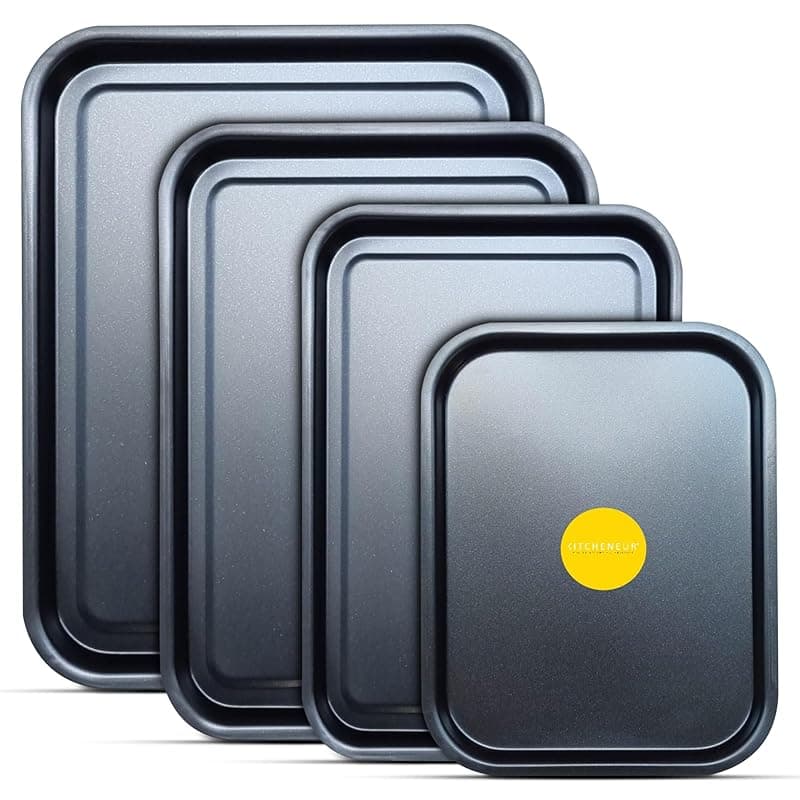 Kitcheneur 4-Pack - Baking Tray and Roasting Tray Set - 38cm, 35cm, 32cm, & 28cm Baking Tray Set Tray/Pan in Black, Non-Stick, Multi-Pack Set Oven Trays - Dishwasher Safe and Easy Clean. By KITCHENEUR® - Bakeware