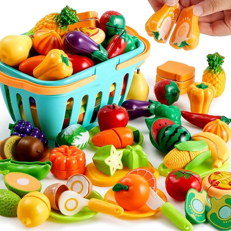 JOYIN 71 Pcs Cutting Play Food Toy Set for Kids Kitchen, Plastic Fruit & Vegetables with Storage Basket, Mini Dishes & Knife, Educational Imaginative Play Toys, Toddler Gift for Ages 2-5 - Kitchen Knives