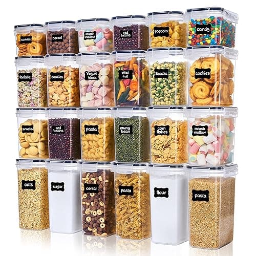 Vtopmart Set of 24 Airtight Food Storage Containers & Kitchen Storage Containers, BPA-Free Plastic Containers for Flour, Sugar and Baking Supplies, with 24 Labels (Black) - Food Storage