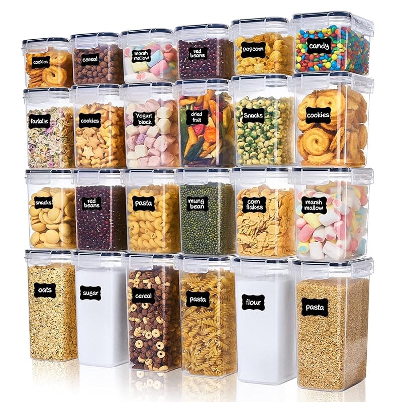 Vtopmart Set of 24 Airtight Food Storage Containers & Kitchen Storage Containers, BPA-Free Plastic Containers for Flour, Sugar and Baking Supplies, with 24 Labels (Black) - Food Storage