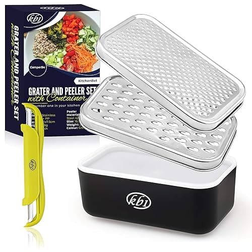 Cheese Grater with Container and Lid & Peeler Set - Vegetable Fruit Multi-Function Stainless Steel Kitchen Utensil Kit with Black Food Plastic Storage Stable Box - Hand Chopper Graters & Peelers