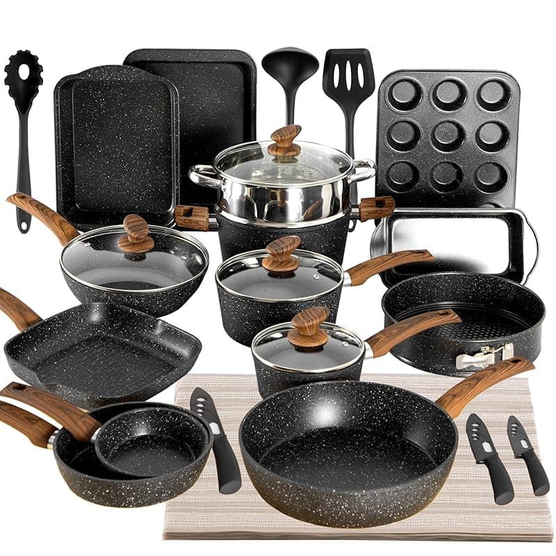 Kitchen Academy Bakeware and Cookware Set, 30 Piece Non-Stick Pots and Pans Set, Induction Pan Set, Granite Non-Stick Saucepan Set (Black) - Bakeware