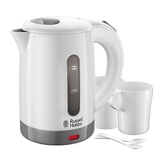 Russell Hobbs Electric 0.85L Travel Kettle, Small & Compact, Dual voltage, Ideal for abroad/caravan/camping, inc 2 cups & spoons, Removable washable anti-scale filter, water windows, 1000W, 23840 — Kettles deal
