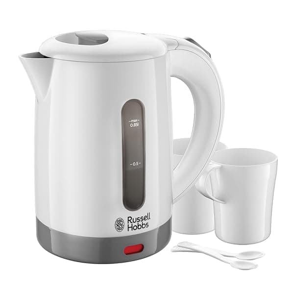 Russell Hobbs Electric 0.85L Travel Kettle, Small & Compact, Dual voltage, Ideal for abroad/caravan/camping, inc 2 cups & spoons, Removable washable anti-scale filter, water windows, 1000W, 23840 — Kettles deal
