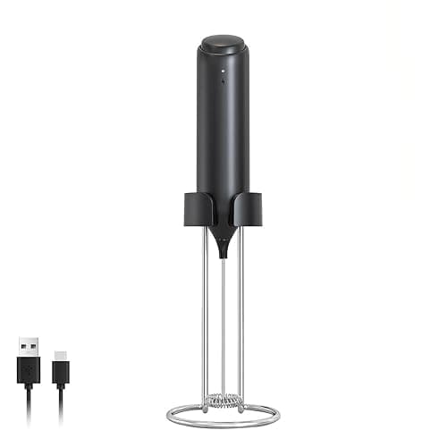 ELMWAY Rechargeable Milk Frother – Handheld Electric Whisk for Coffee, Latte & Matcha, Ergonomic Grip with Charging Stand or Wall Mount Holder – Black - Coffee Tea Accessories