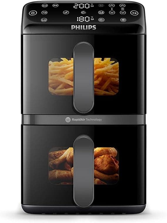 Philips 4000 Series Stacked Dual Basket Airfryer 10L – RapidAir Technology, Sync Finish, 2 Meals at Once, 45% Less Countertop Space, PFAS-Free Ceramic Coating, Easy View Windows (NA460/09)