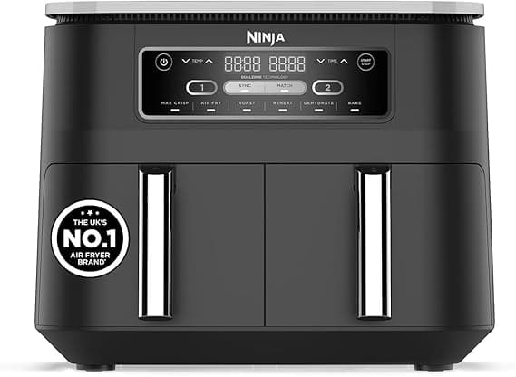 Ninja Foodi Dual Zone Digital Air Fryer, 2 Drawers, 7.6L, 6-in-1, Uses No Oil, Air Fry, Max Crisp, Roast, Bake, Reheat, Dehydrate, Cooks 4-6 Portions, Non-Stick, Dishwasher Safe Baskets, Black AF300UK
