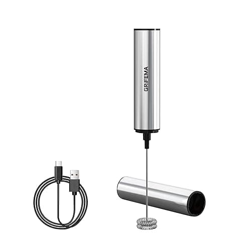 GRIFEMA Milk Frother Handheld Rechargeable Electric Coffee Mixer, Metallic Silver - Coffee Tea Accessories