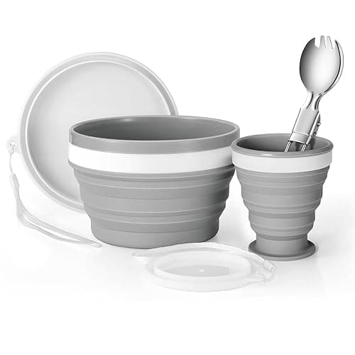 Odoland Foldable Cup, Bowl and Stainless Steel Spoon, Microwave Oven Available Food Grade Silicone for Mess Kit Outdoor Camping Hiking and Picnic - Microwaves
