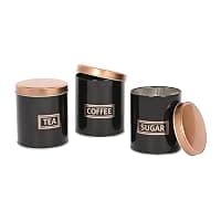 Harbour Housewares 3pc Tea Coffee Sugar Canisters Set – Black & Copper Round Metal Kitchen Storage Tins with Airtight Lids – Modern Industrial Food Caddy Containers for Countertop Organisation — Kitchen Storage deal