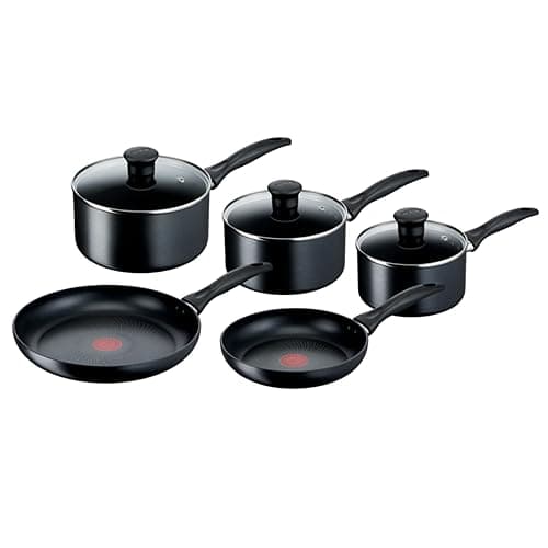 Tefal Titanium Non-Stick 5-Piece Induction Pan Set, Glass Lids, Black - Cookware