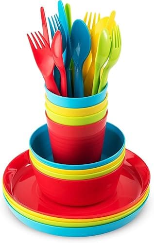 LATERN 24Pcs Reusable Plastic Dinnerware Set, 4 x Unbreakable Kids Dinner Plates & Salad Bowls, 4 x 240ml Cups, 4X Reusable Knife & Fork & Spoon - for Cereal Soup Snack Fruit Salad (4 Colors) - Tableware