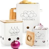 WUWEOT 3 Pack Vegetable Storage Tins, Metal Onion Garlic Potato Jars Set, Kitchen Canisters Vegetable Keeper Containers with Aerating Holes and Wooden Lid — Kitchen Storage deal
