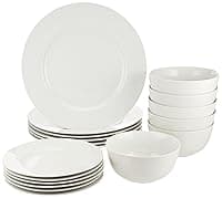 Amazon Basics 18-Piece Plates and Bowls Set, Porcelain Dinner Set for 6 People, Microwave Oven and Dishwasher Safe, White