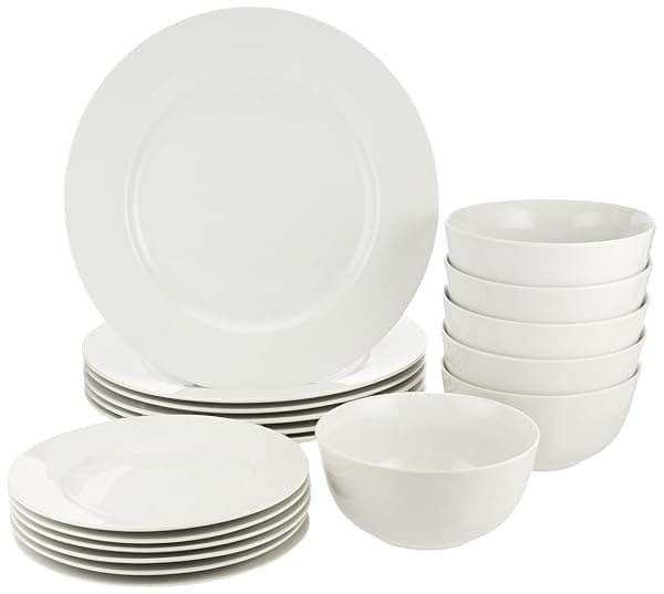 Amazon Basics 18-Piece Plates and Bowls Set, Porcelain Dinner Set for 6 People, Microwave Oven and Dishwasher Safe, White — Tableware deal