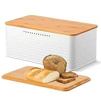 Chuboir Bread Bin, Metal Bread Box with Bamboo Lid Usable as Cutting Board, Bread Storage Container Holder for Kitchen Countertop, 13 x 7 x 5.3 inch (White) — Kitchen Storage deal