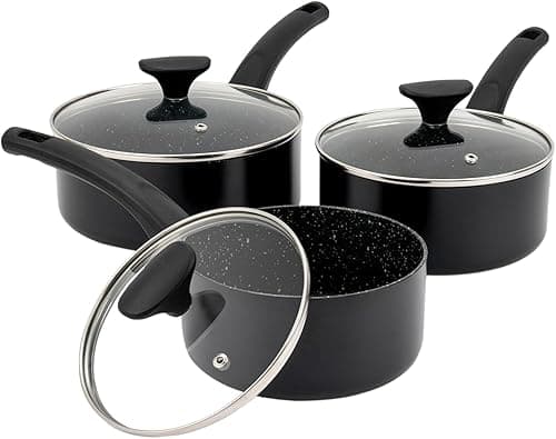 3 Piece Non-Stick Saucepan Set with Tempered Glass Lids - 16cm 18cm 20cm Sauce Pot Induction, Gas and Electric Hobs Forged Aluminium Milk Pan