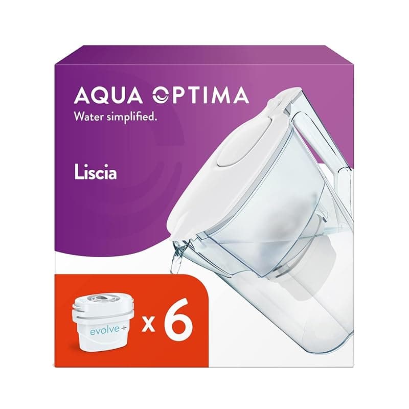 Aqua Optima Liscia Water Filter Jug 2.5L, 6 Evolve+ Filters, White - Water Filters