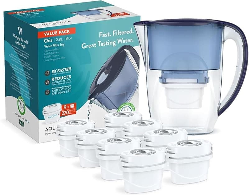 Aqua Optima Oria Water Filter Jug & 9 Evolve+ Filter Cartridge 2.8L Blue - Fridge & Dishwasher Friendly, Easy Fill - Reduces Limescale, Chlorine & Other Impurities - By LAICA (Packaging May Vary) - Water Filters