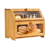 Gute Double Layer Bamboo Bread Box with Transparent Window - Large Capacity 2-Tier Kitchen Storage Organizer for Bread, Muffins, Bagels Countertop Bread Bin (15.35"x9.84"x12.6") — Kitchen Storage deal
