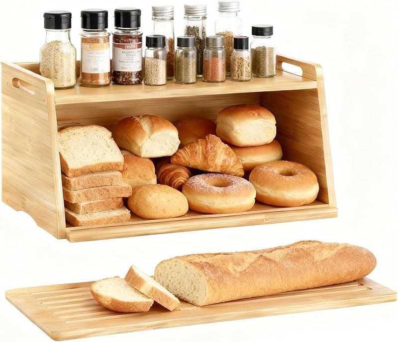 LEMIKKLE Bamboo Bread Bin with Cutting Board – Bread Storage Box to Keep Food Fresh, Suitable for the Kitchen Organiser, Can be Used to Store Bread, Fruit, Baked Goods - Kitchen Storage